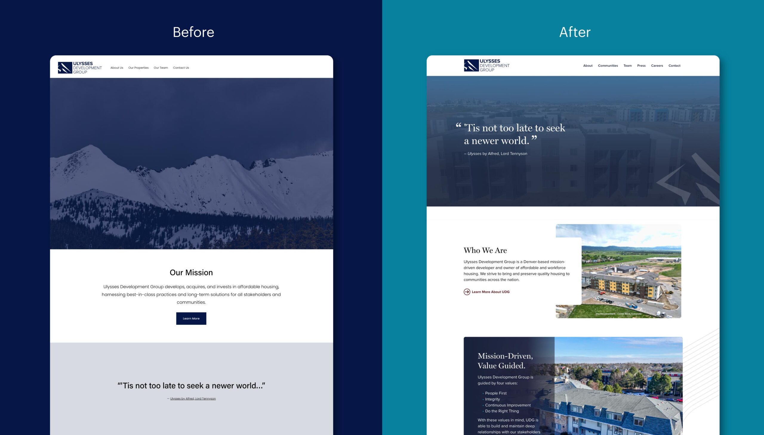 Before and after images of Ulysses Development Group website