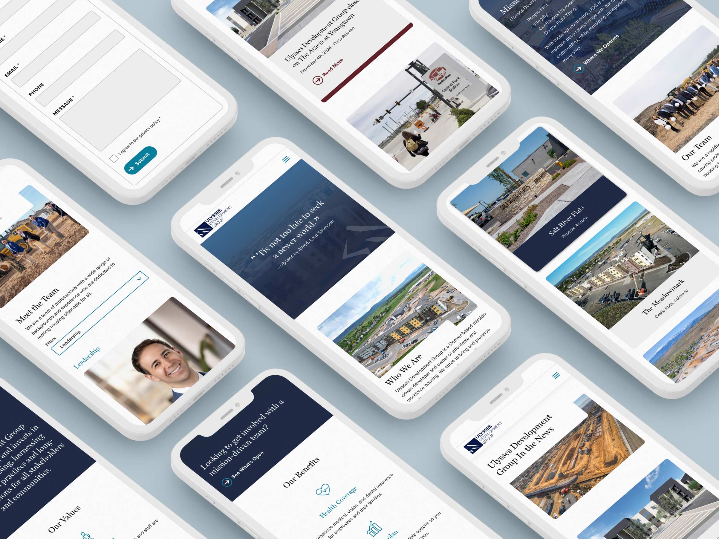 Mobile phones displaying Ulysses Development Group website mockups